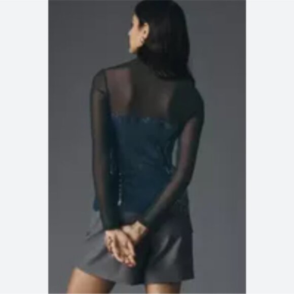 Brand New Maeve Sequin Sheer Mesh Mock-Neck Top - Picture 2 of 7